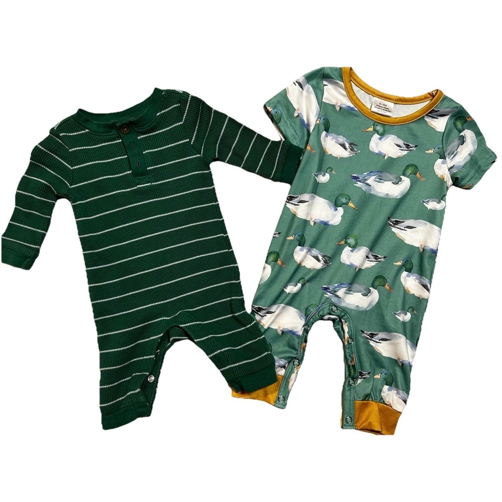 Lot Of 2 Baby Boy Rompers 0-3 Month Duck Green Striped